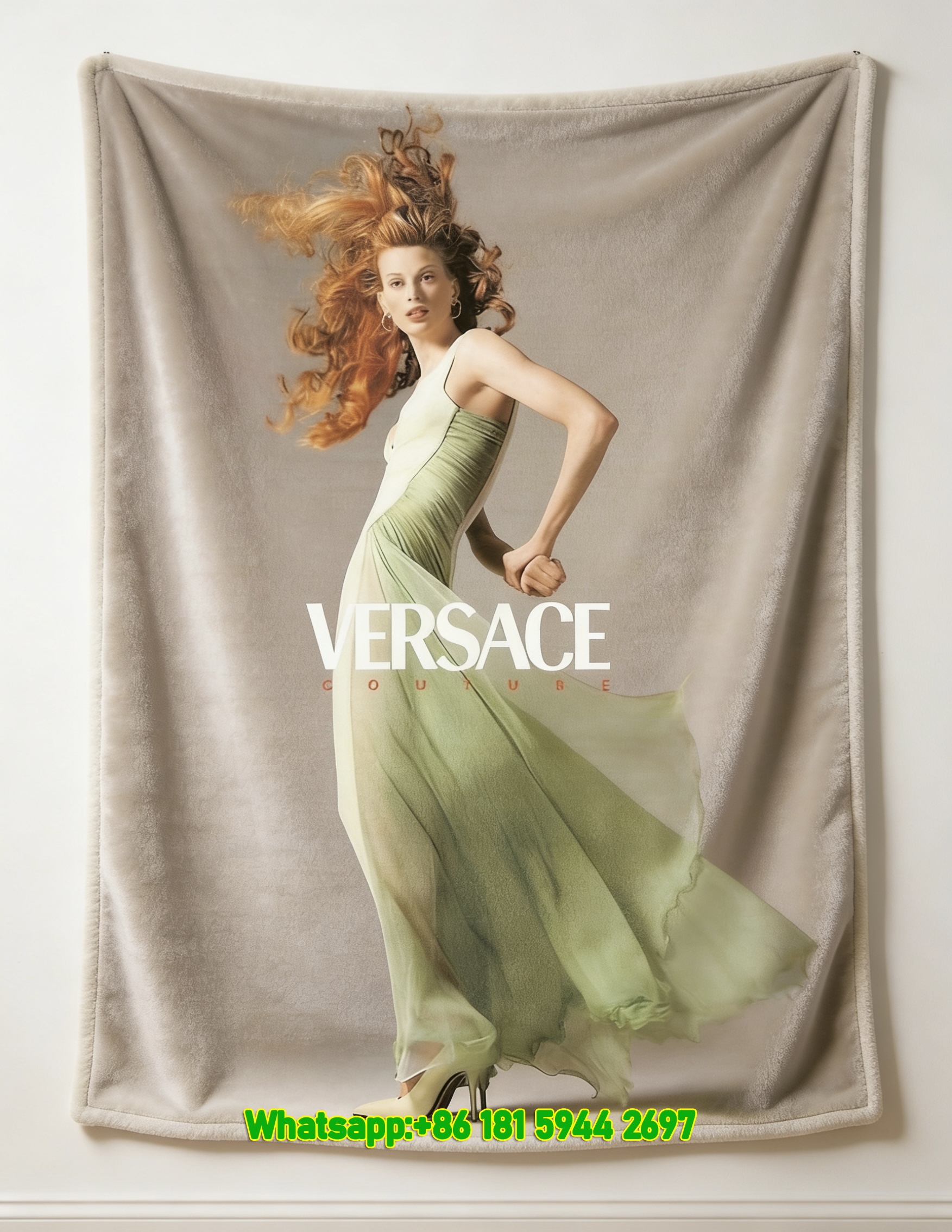 Versace Green White Couture Fashion Print Flannel Sofa Throw Blanket IMG_1737